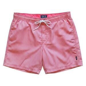 COLE Men's Swim Trunks L Pink/White Striped Drawstring Pockets Mesh Lined J14